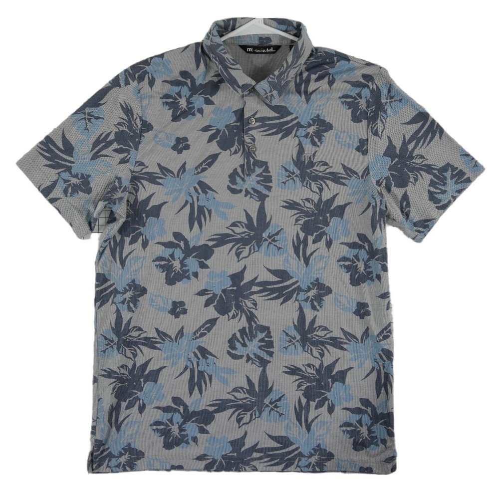 TravisMathew Polo Shirt Men's Size Large Grey Blue Tropical Floral Pique Golf